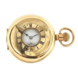 Gentlemen's gold plated half hunter pocket watch with enamelled dial, 50mm in diameter