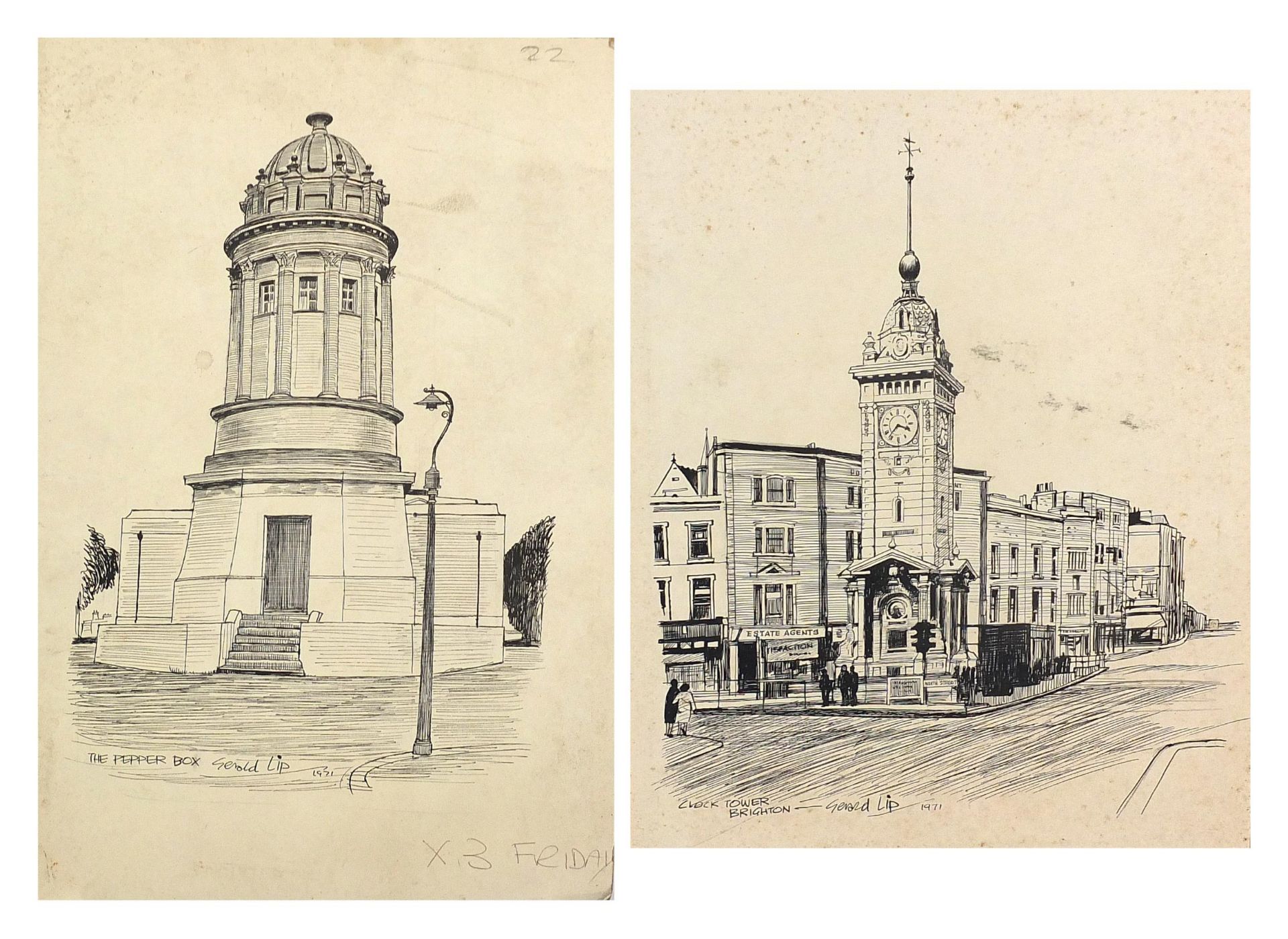 Gerald Lip 1971 - The Pepper Box and Clocktower Brighton, two pen and inks on card, one mounted,