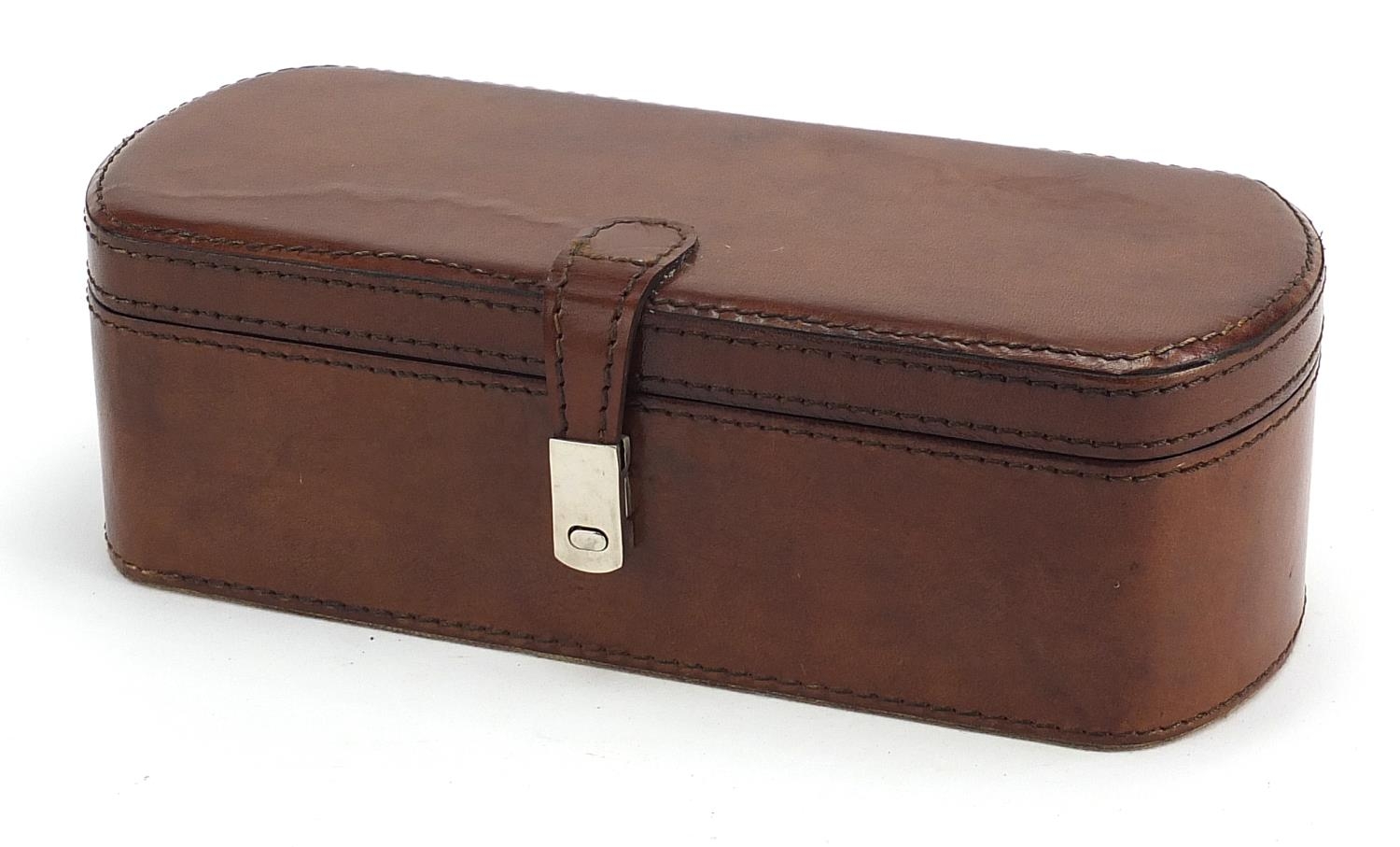 As new brown leather wristwatch box, 8cm H x 25cm x 10.5cm D