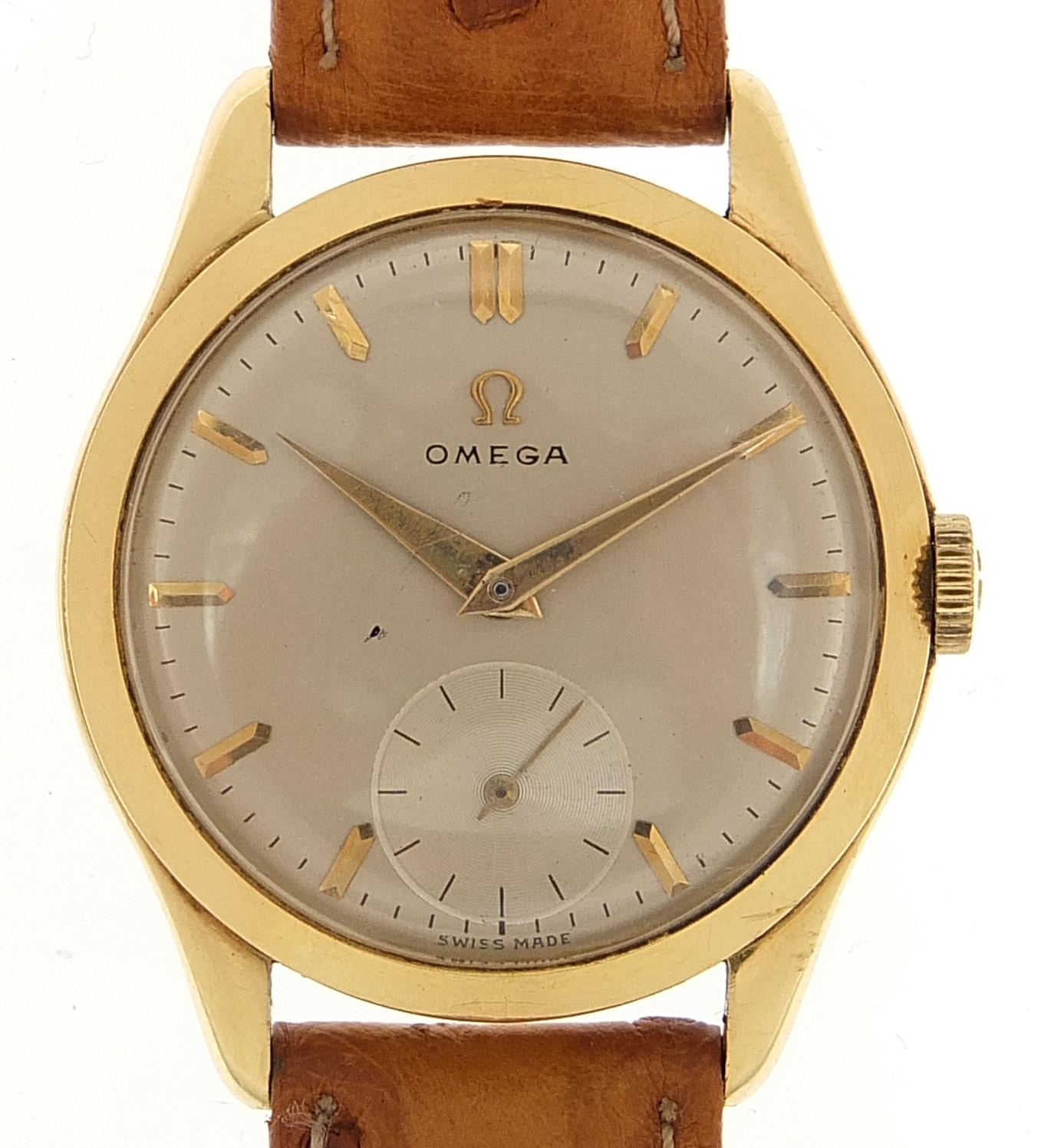 Omega, gentlemen's 18ct gold manual wind wristwatch with subsidiary dial, the movement numbered