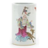 Chinese porcelain brush pot hand painted in the famille rose palette with an elder, six figure