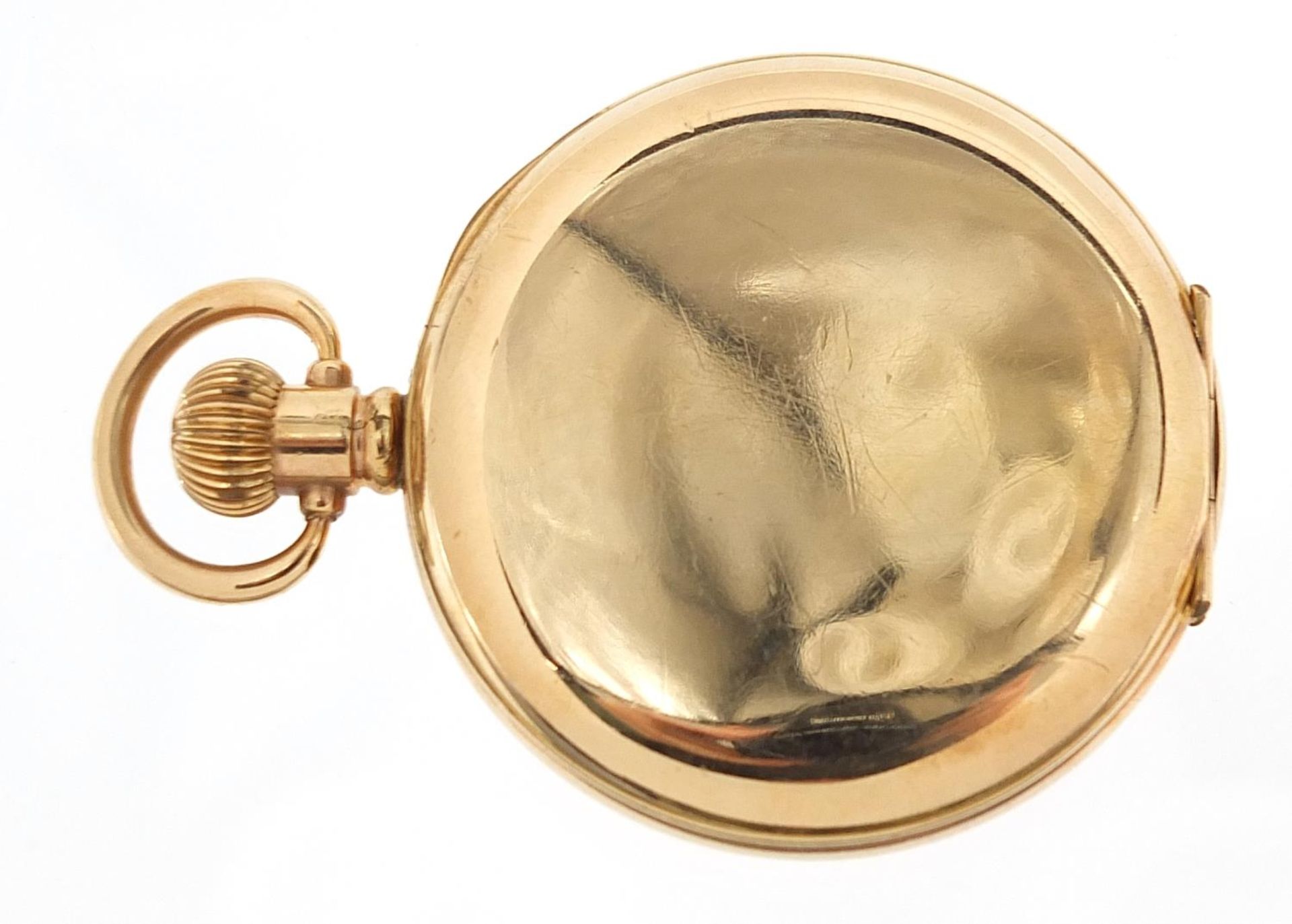 Gentlemen's gold plated half hunter pocket watch with enamelled dial, 50mm in diameter - Image 3 of 6