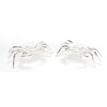 Pair of silver plated crab design trinkets with hinged lids, 12cm wide