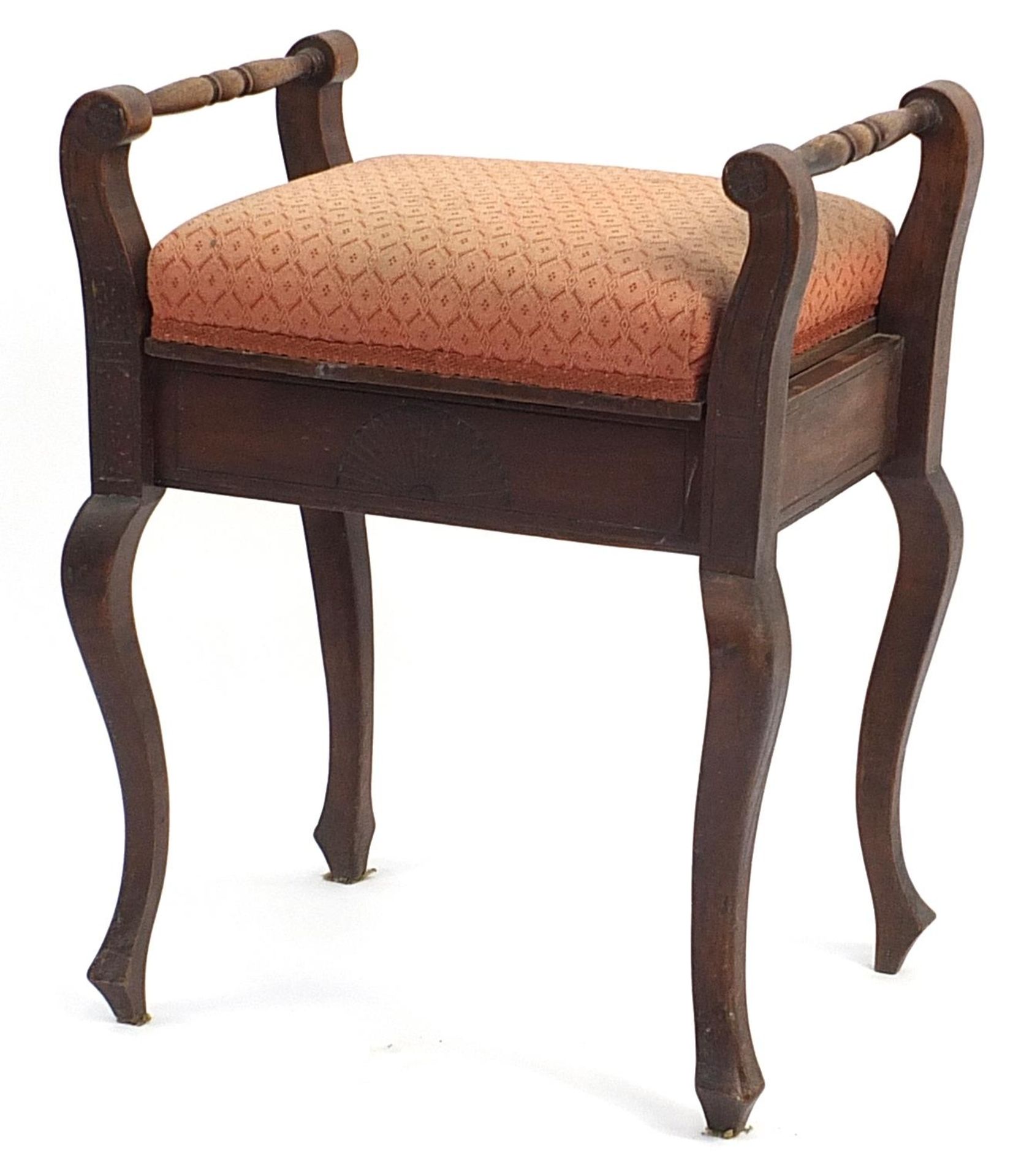 Carved mahogany piano stool with lift up seat, 66cm high x 53.5cm W x 36cm D