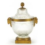 19th Century French Louis XVI style crystal and ormolu lidded urn with ram's head handles and