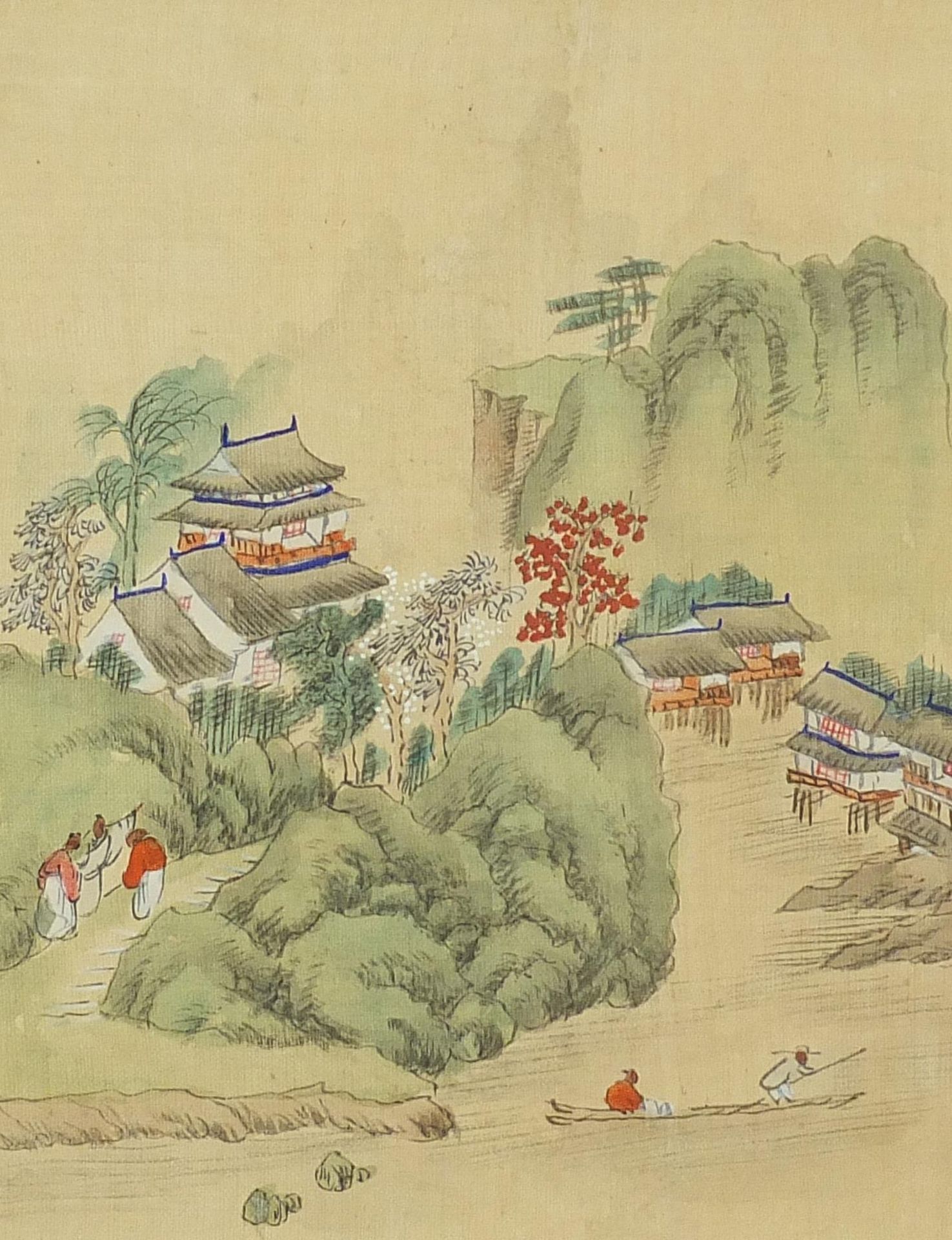 Mountainous landscapes and pagodas, pair of Chinese watercolours on silk, one with character marks - Image 2 of 8