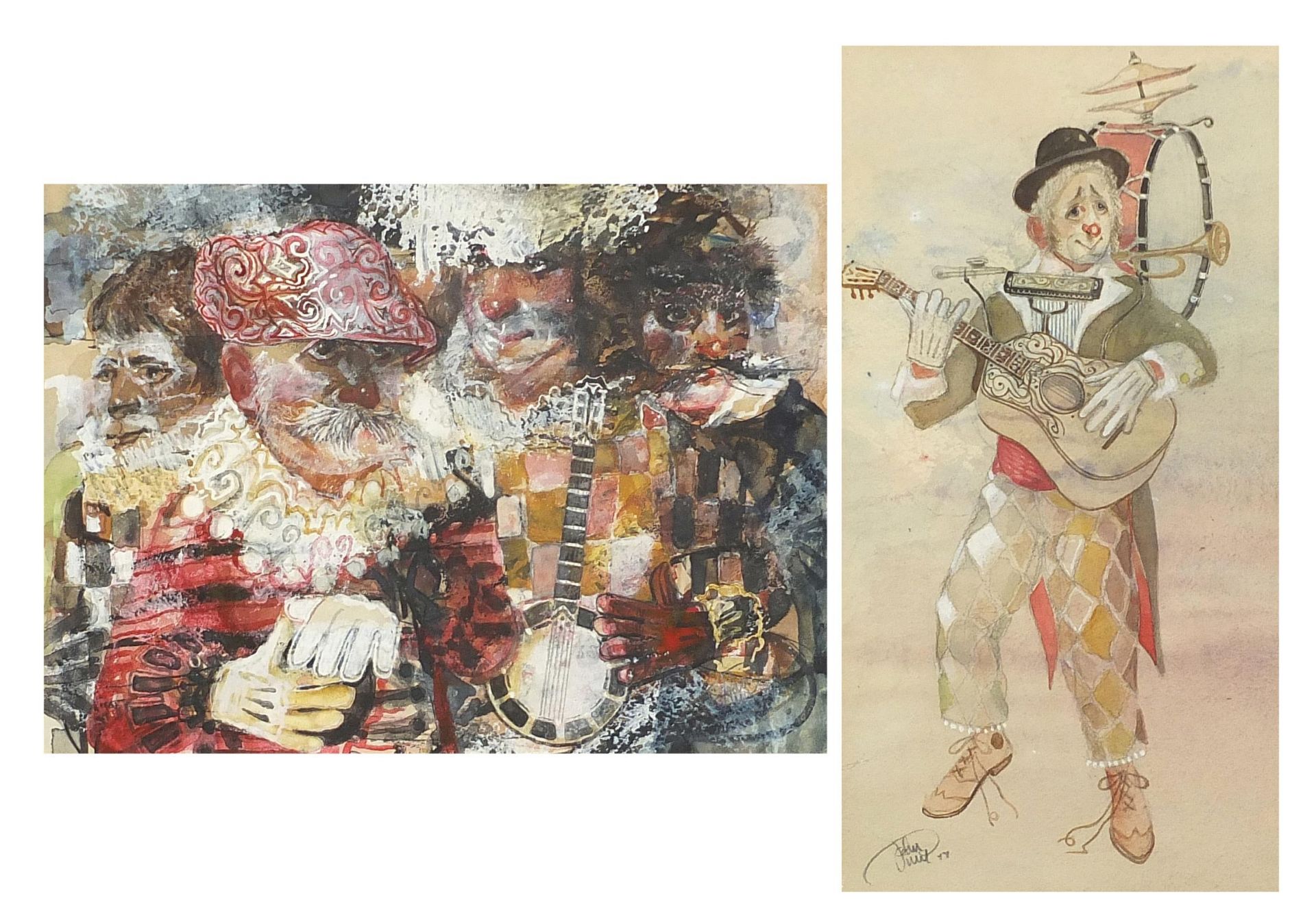 One man band and four figures, pair of heightened watercolours, indistinctly signed, possibly John