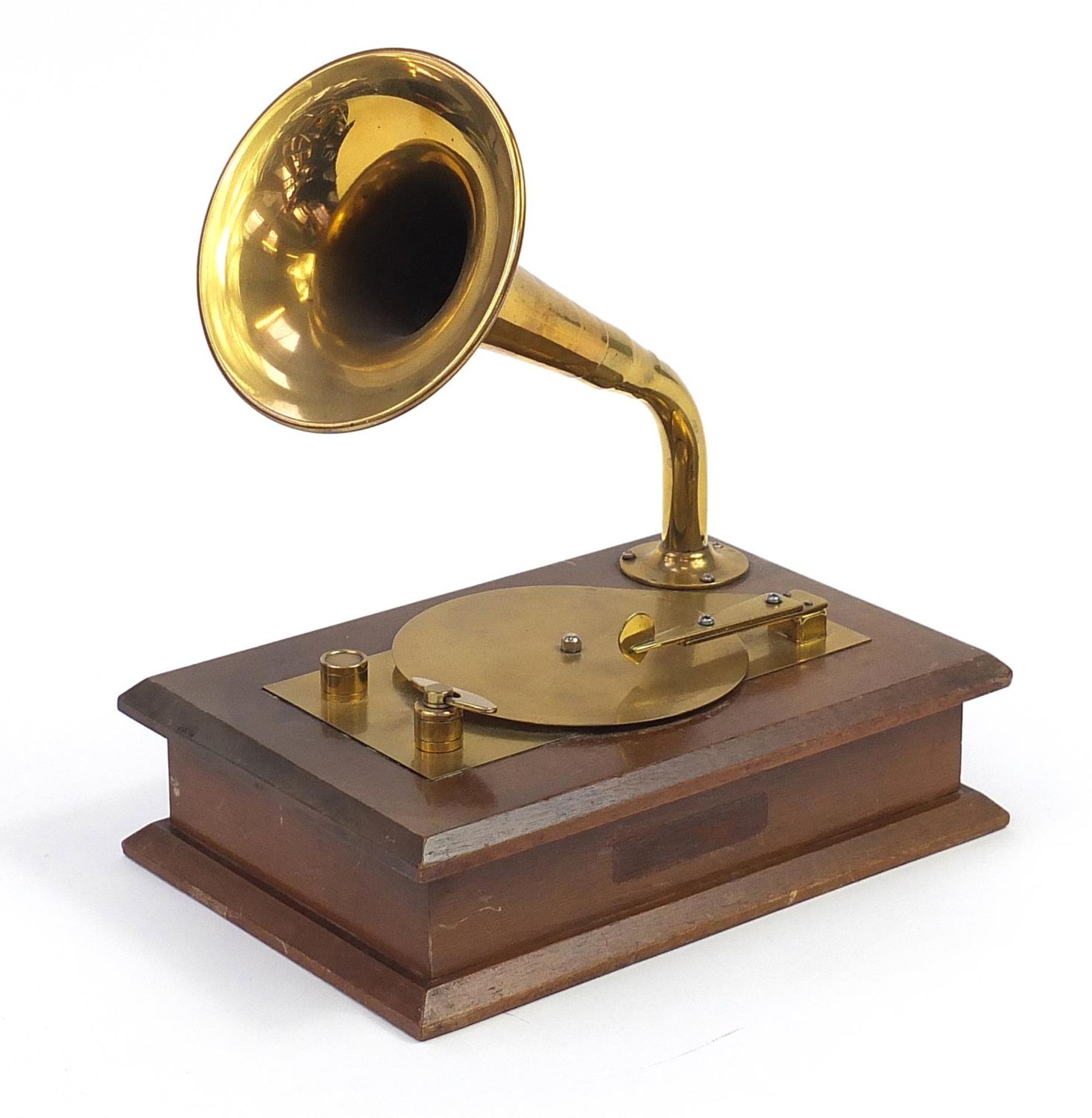 Mahogany and brass gramophone design music box, 28cm high