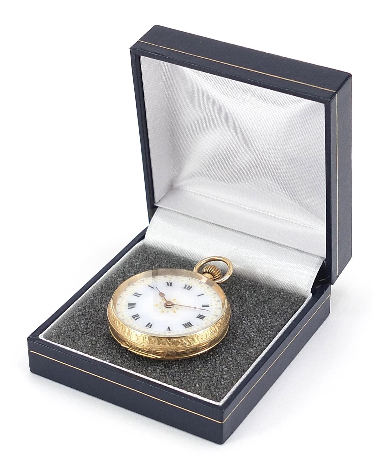 12ct gold ladies pocket watch with enamelled dial, 34mm in diameter, 33.0g - Image 5 of 6