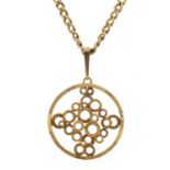 Modernist 9ct gold pendant on unmarked gold necklace, (tests as 9ct gold) 4.5cm high and 60cm in