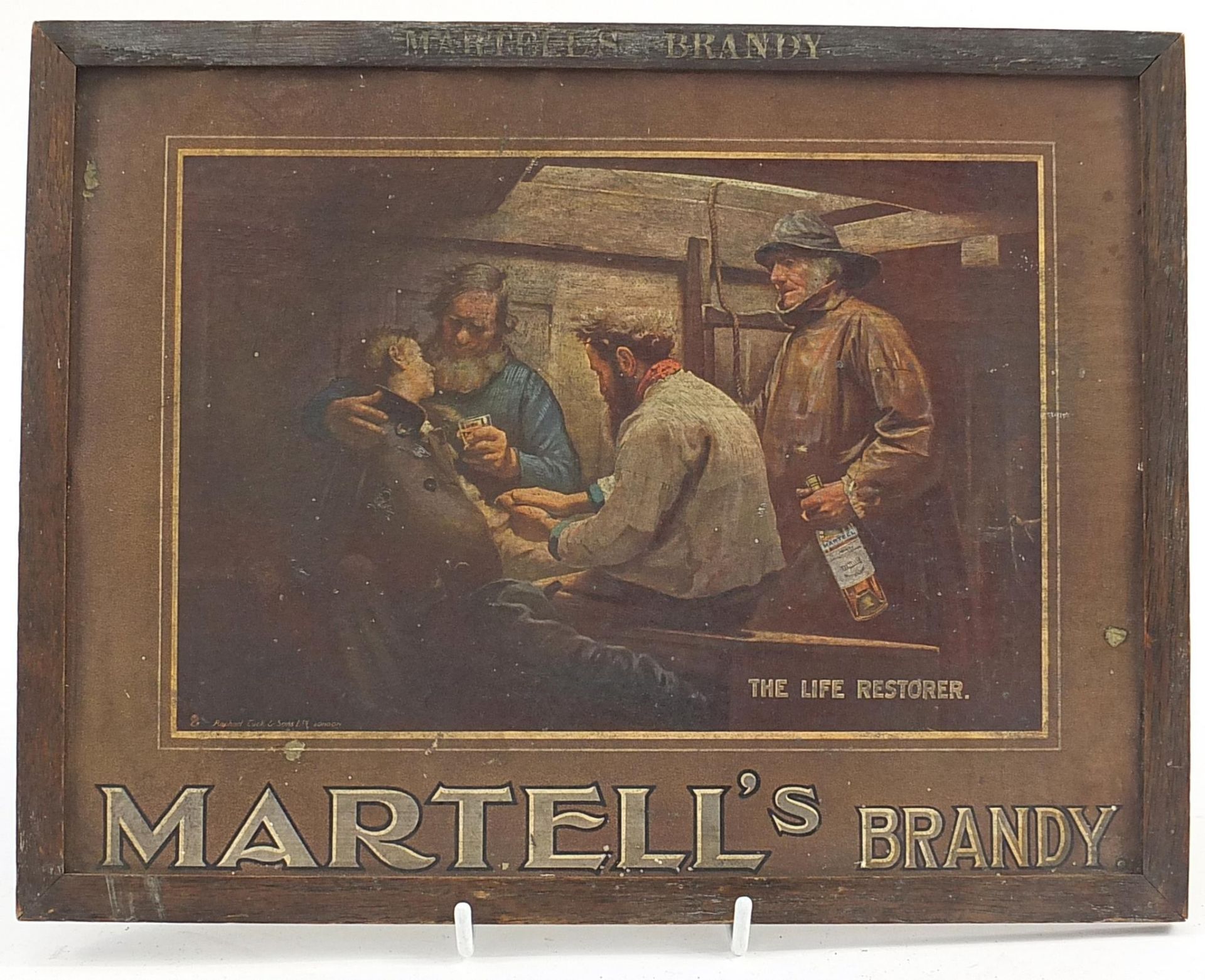 Martell's brandy oak advertising wall plaque with print, the frame impressed Martell's Brandy,