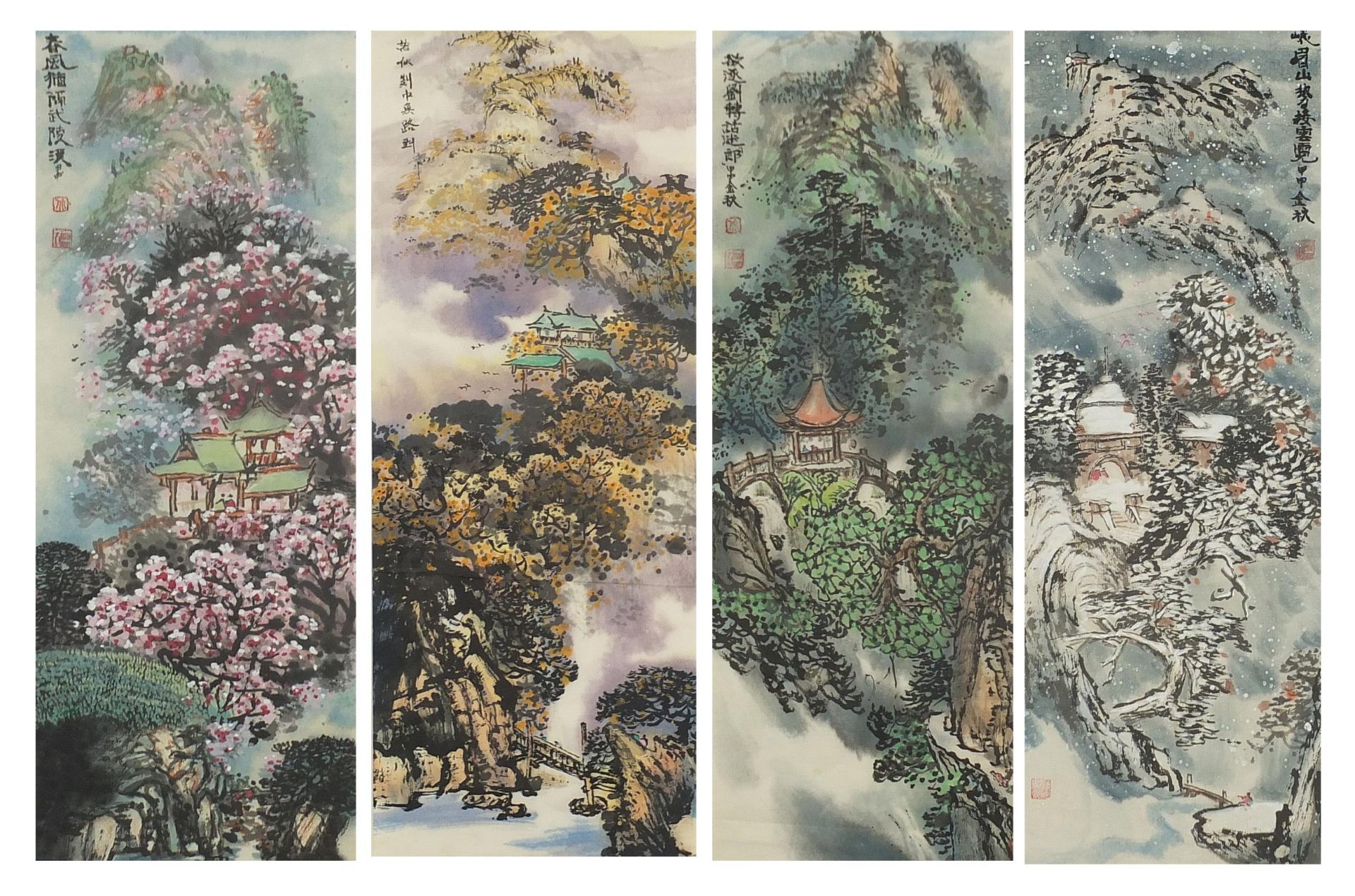 The Four Seasons, set of four Chinese ink and watercolours with character marks and red seal