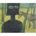 Masked figure and horse, surreal oil on board, mounted and framed, 44.5cm x 36.5cm excluding the