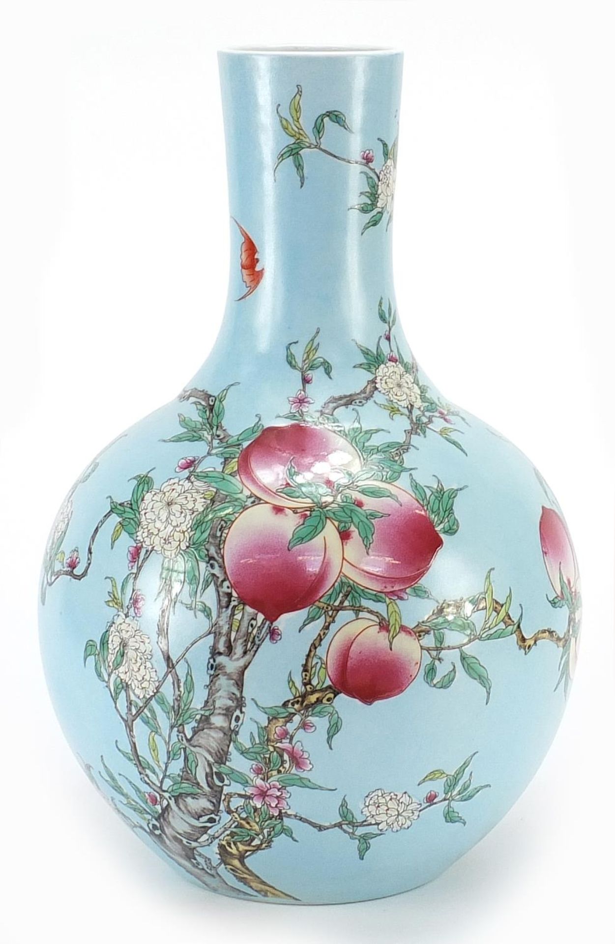 Large Chinese porcelain vase decorated with peach trees, six figure character marks to the base,