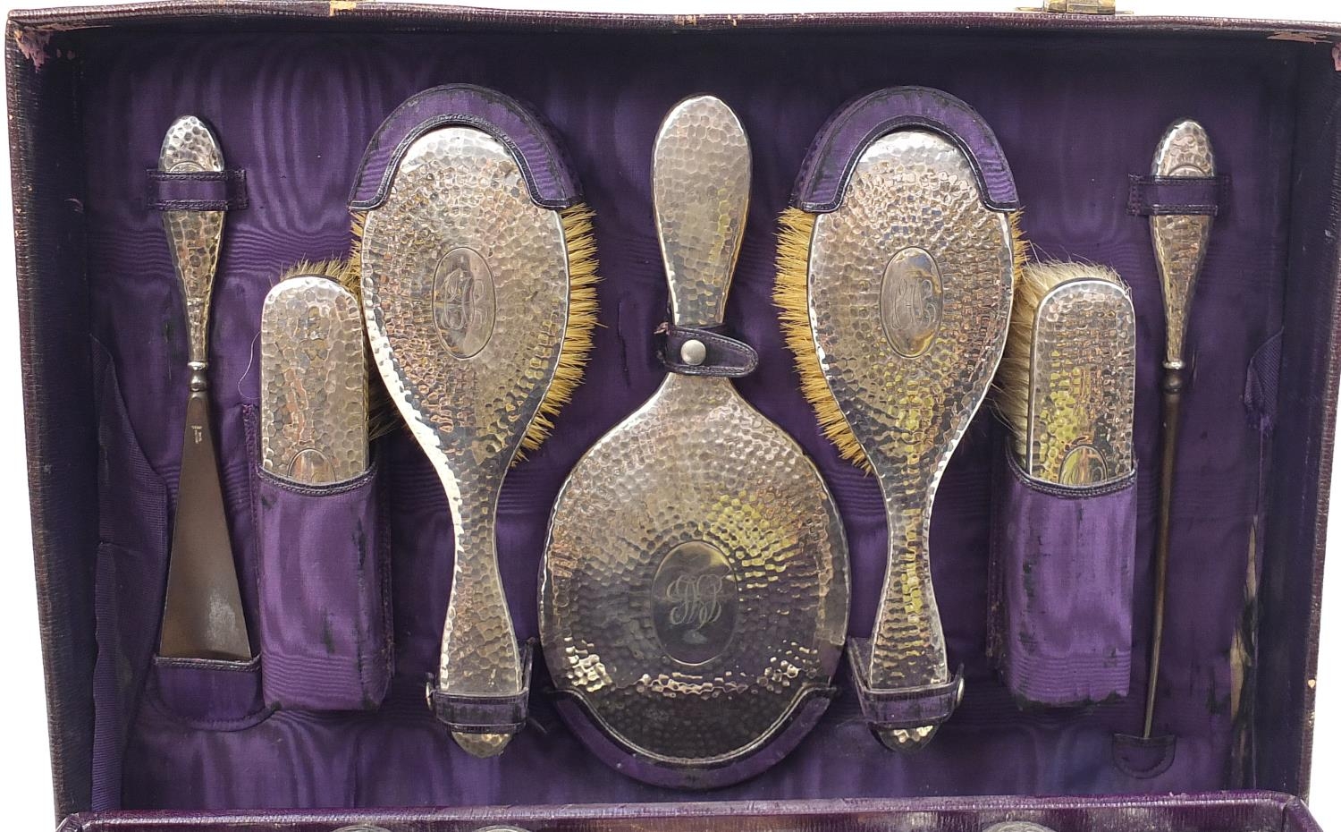 Edwardian purple leather travelling vanity case with silver mounted items including brushes, - Image 2 of 8