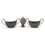 Pair of silver twin handled table salts and miniature Victorian silver caster, the salts 8cm wide,
