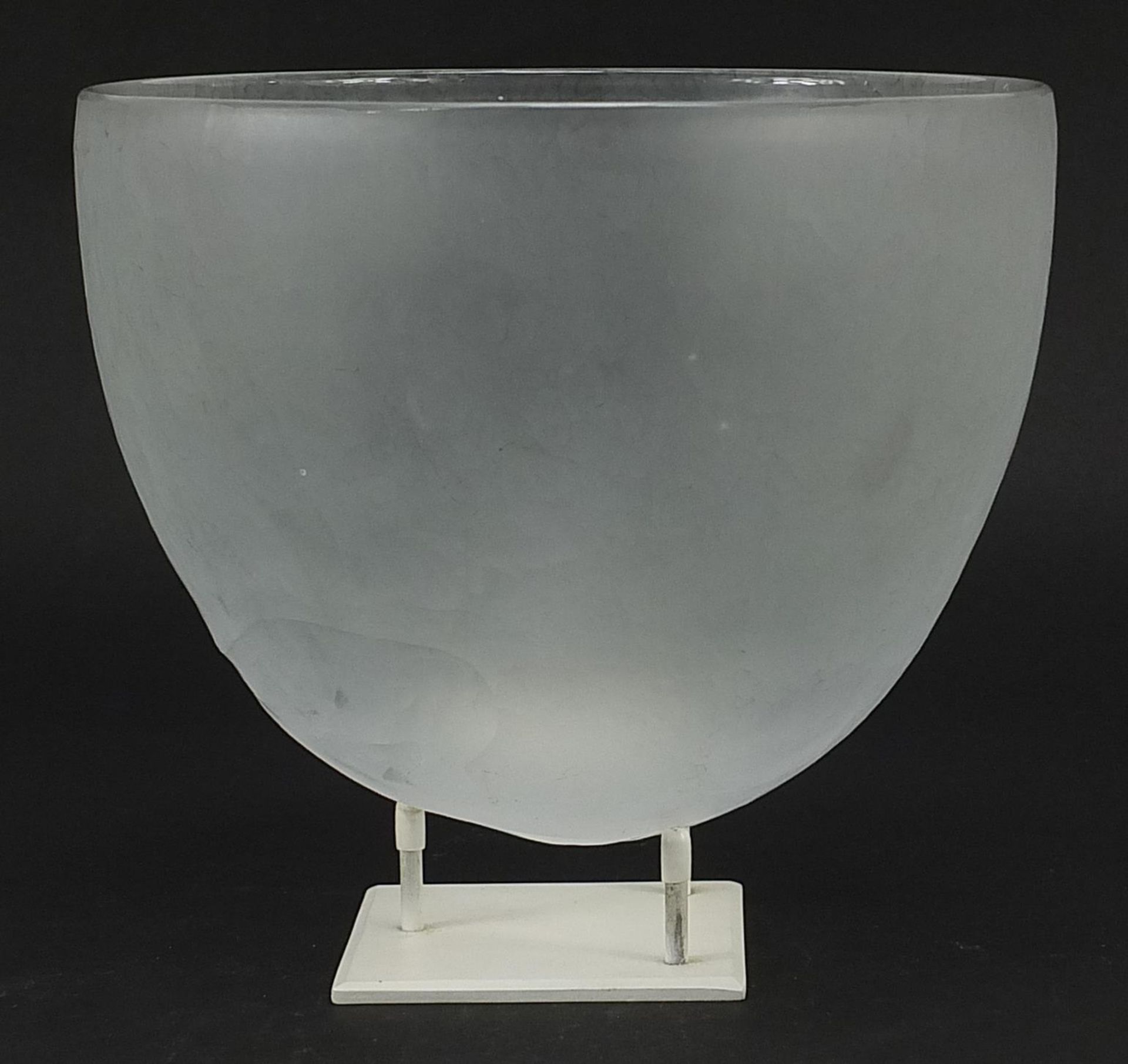 Scandinavian design frosted glass bowl carved with a face, 20cm high including the stand