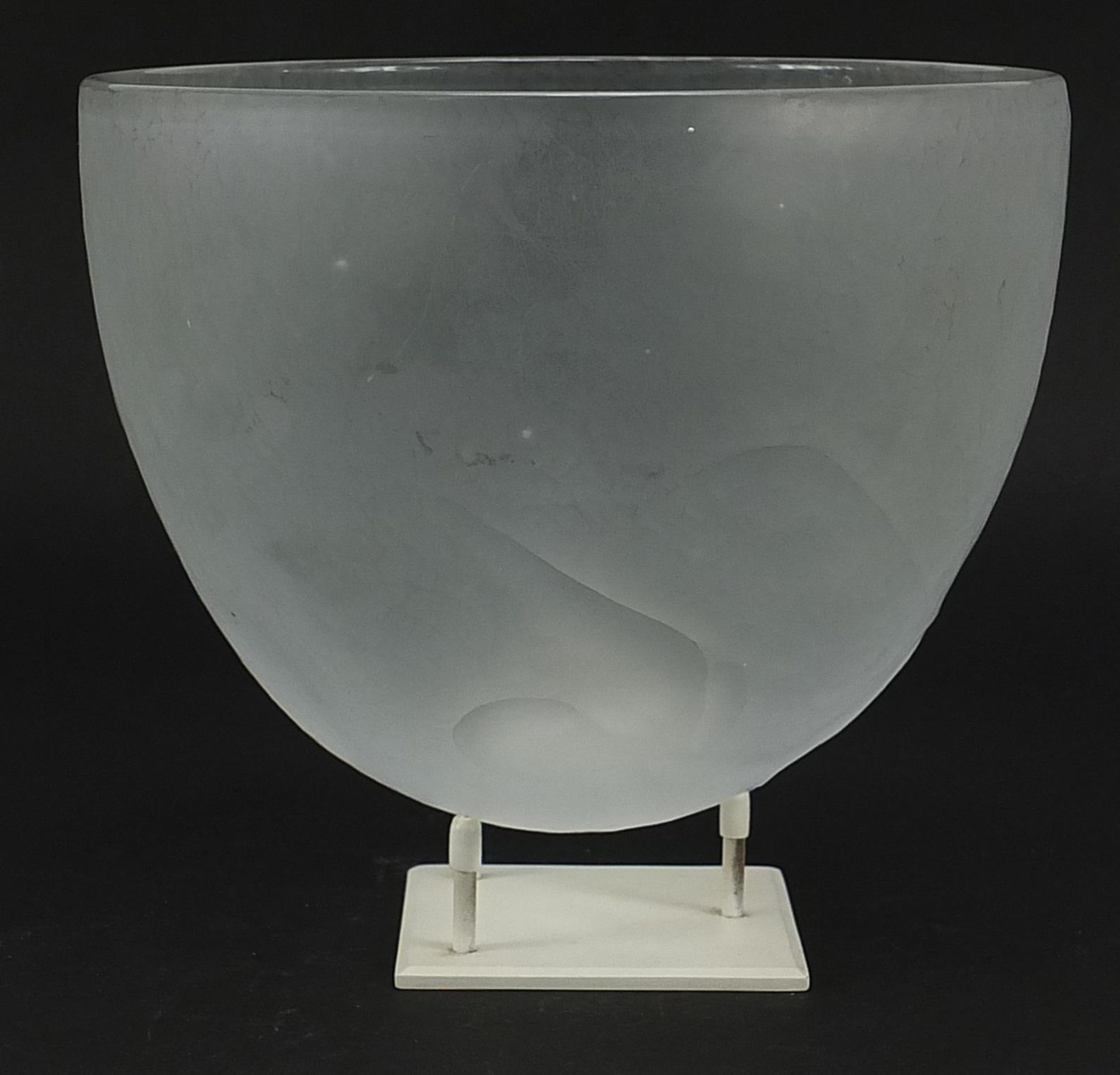 Scandinavian design frosted glass bowl carved with a face, 20cm high including the stand - Image 2 of 4