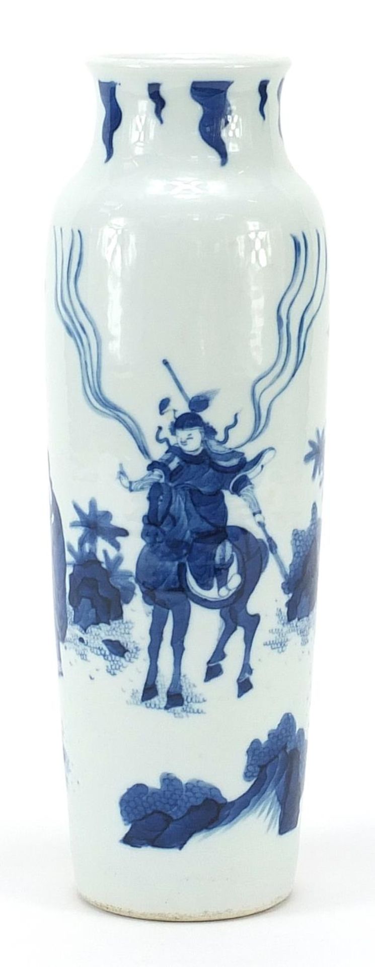 Chinese blue and white porcelain vase hand painted with an emperor on horseback and attendants, 27.