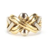 18ct two tone gold six section puzzle ring, size S, 9.2g