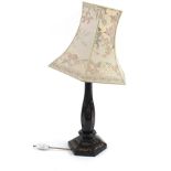 Black lacquered wooden table lamp with mother of pearl inlay and shade, 82cm high