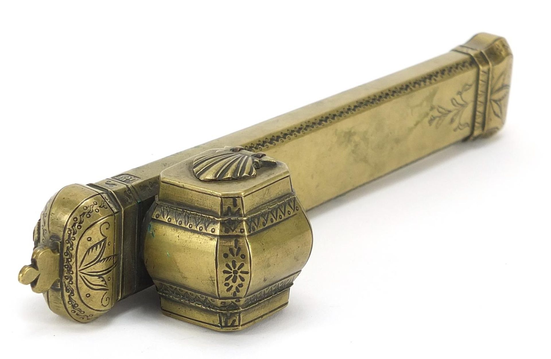 Islamic brass Divit pen box, impressed marks to the top, 5.5cm in length