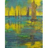 Manner of James Lawrence Isherwood - Boats on water at sunset, oil on board, mounted and framed,