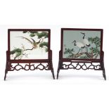 Pair of Chinese hardwood table screens with silk panels finely embroidered with birds of paradise