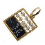 18ct gold 'I love you' abacus charm, 1.2cm high, 1.5g