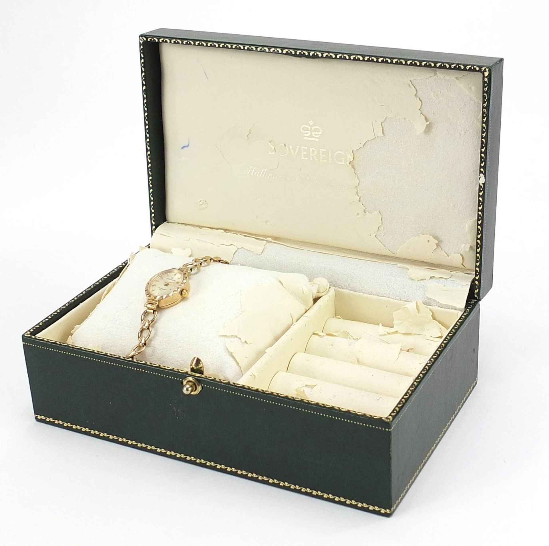 Sovereign, ladies 9ct gold wristwatch with 9ct gold strap and box, the case 15mm wide, total - Image 6 of 7