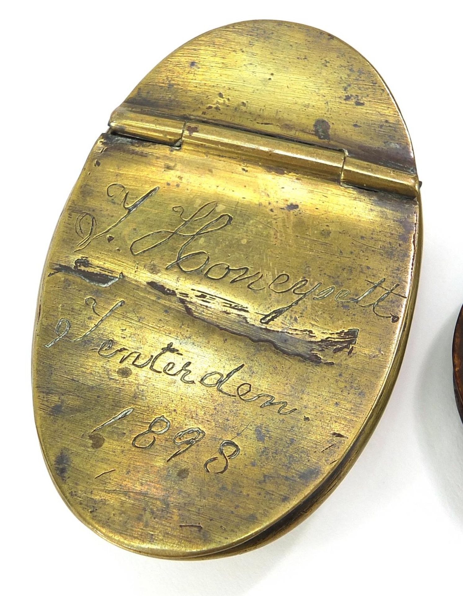 19th century horn magnifying glass and a brass tobacco box engraved J Honeysett Tenterden 1898, - Image 3 of 4