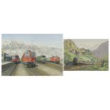 Mike Turner - Trains before the Swiss Alps, two railway interest watercolours, each mounted,