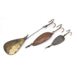 Three vintage Hardy Bros metal fishing lures/spoons, the largest 12.5cm in length