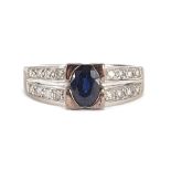 Art Deco style 9ct white gold sapphire and diamond ring, size K, 3.1g