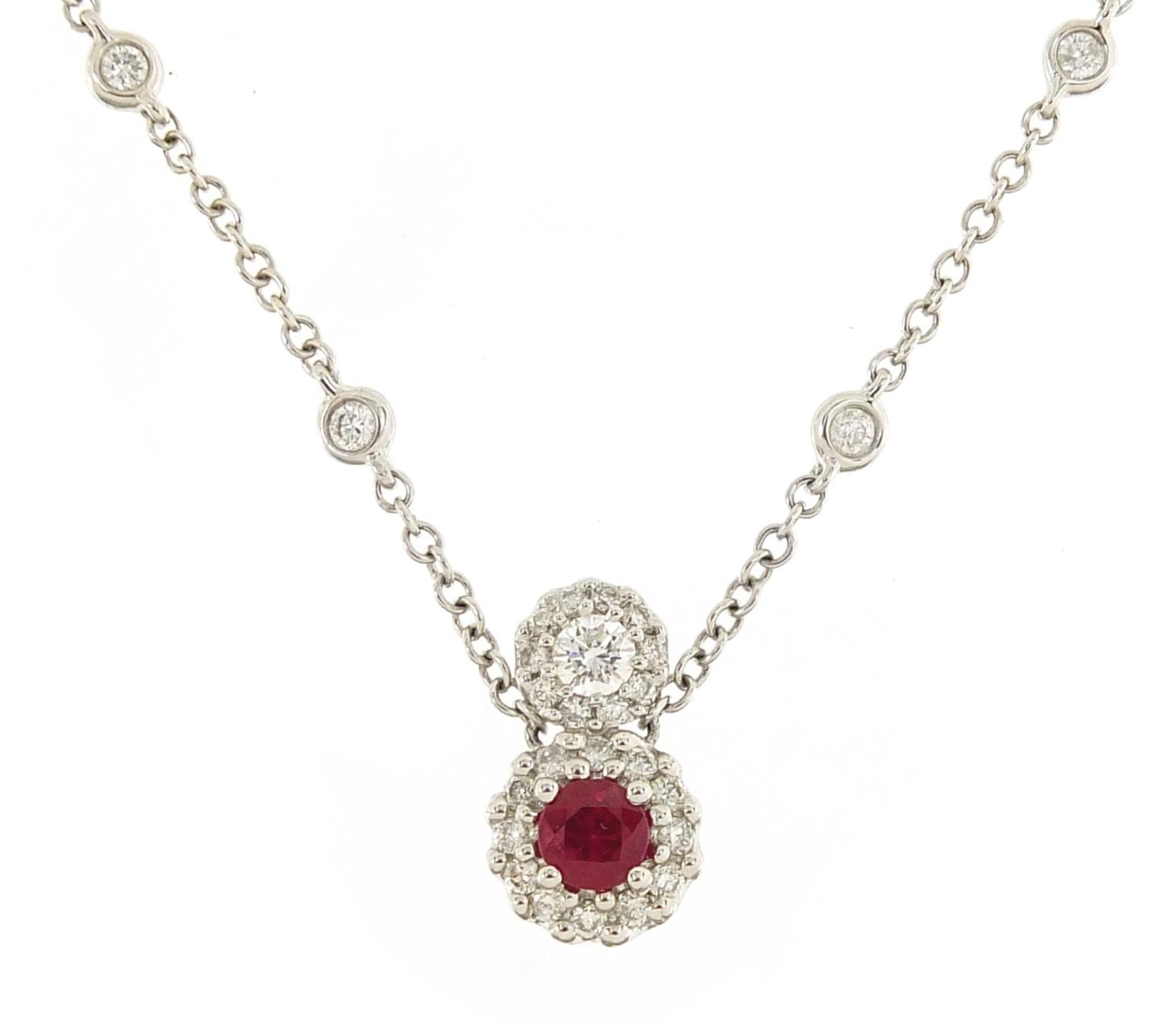 18ct white gold ruby and diamond necklace, stamped D 0.47 R 0.33, 40cm in length, 5.6g