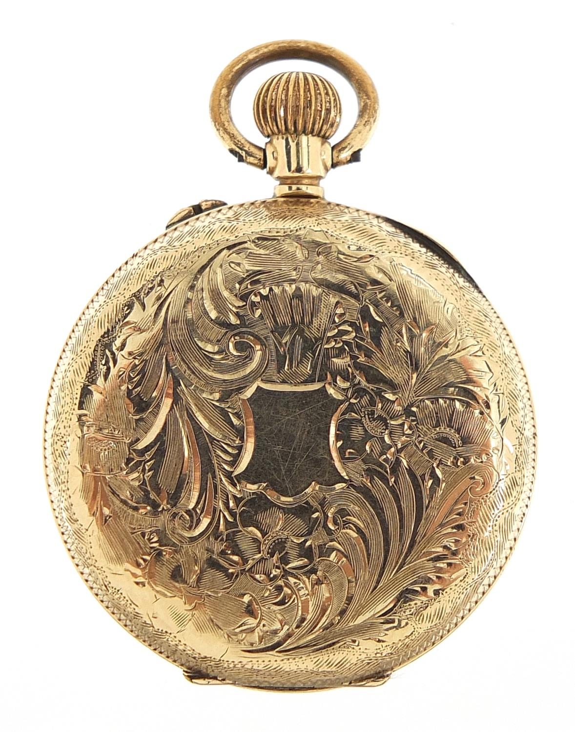 Ladies 9ct gold open face pocket watch with ornate gilt dial, 32mm in diameter, 25.2g - Image 2 of 4