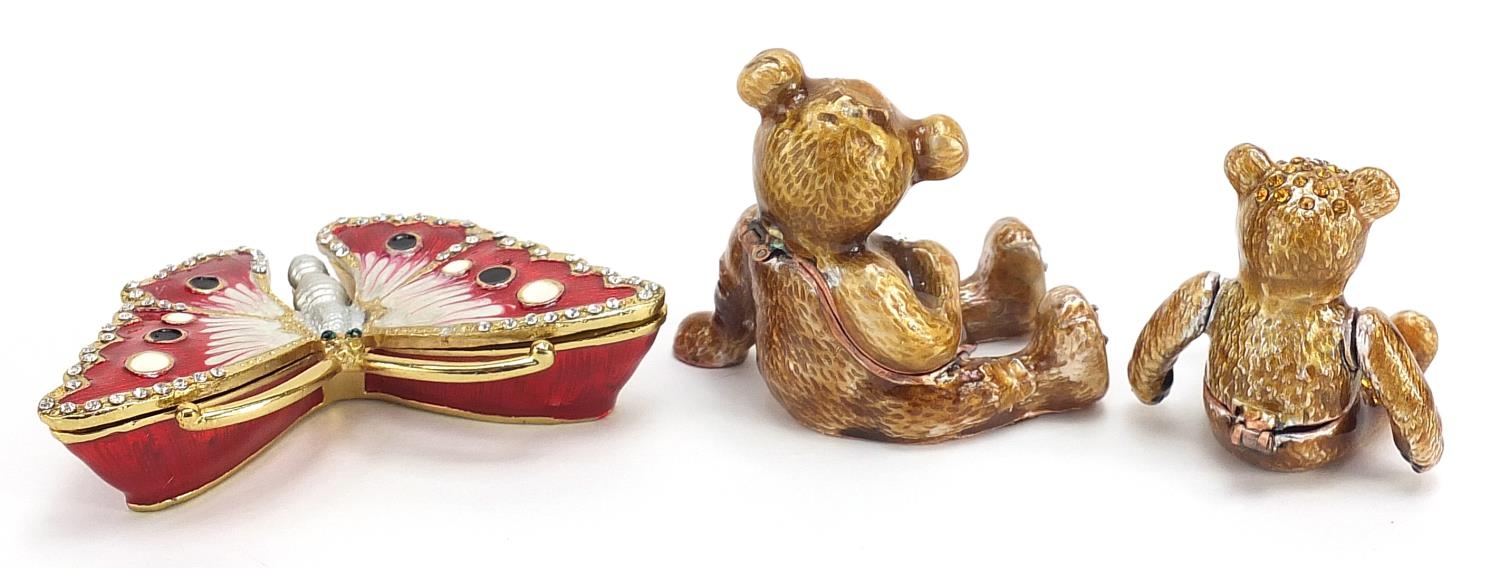 Three jewelled and enamel gilt metal trinkets in the form of teddy bears and a butterfly, the - Image 2 of 4