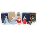 Five Royal Doulton figurines with boxes including Molly and Linda, each 20cm high