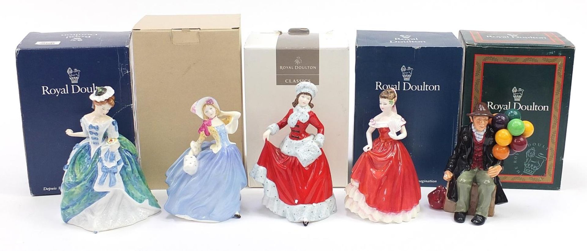 Five Royal Doulton figurines with boxes including Molly and Linda, each 20cm high