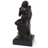 Modernist patinated bronze study of a nude mother and child raised on a square black slate base,