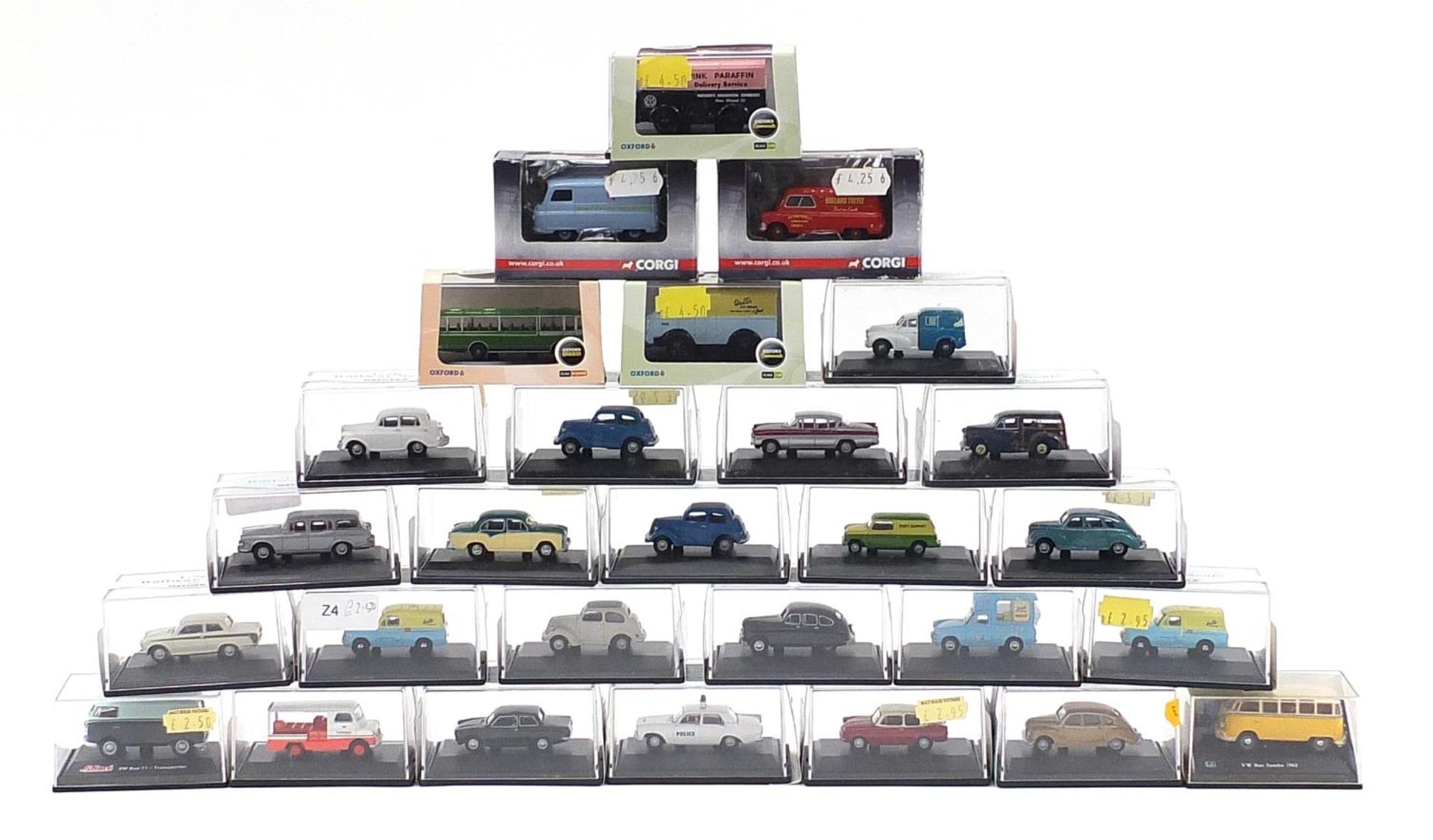 Twenty five Oxford 1.76 scale diecast vehicles with cases together with two Corgi and a Schuco WV