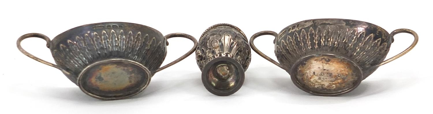 Pair of silver twin handled table salts and miniature Victorian silver caster, the salts 8cm wide, - Image 4 of 4