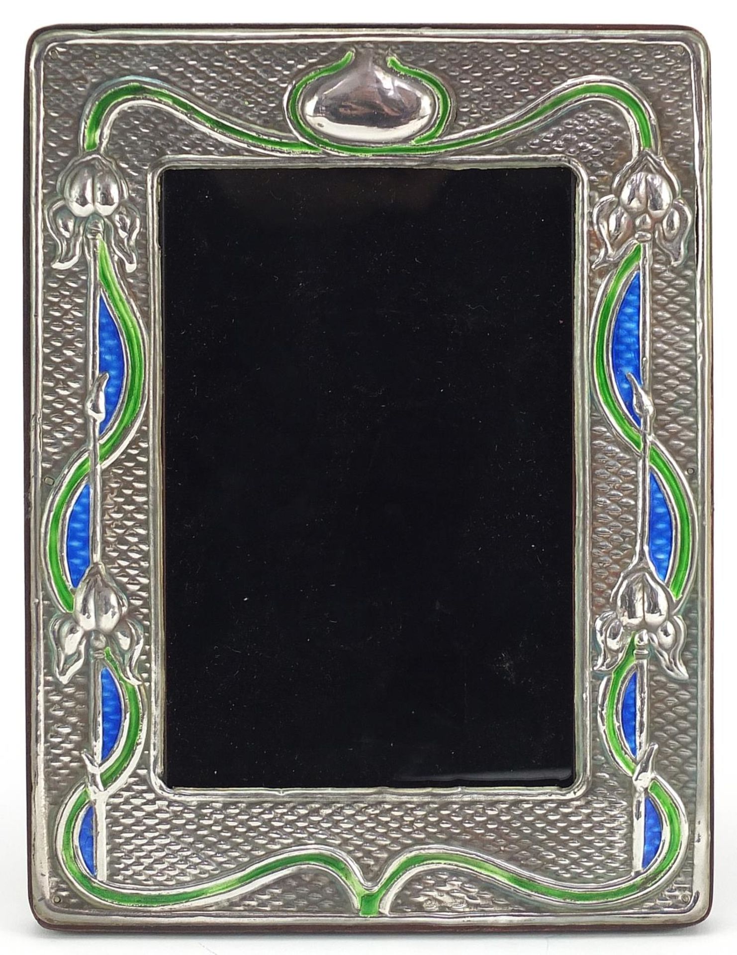 Art Nouveau style sterling silver and enamel easel photo frame embossed with stylised flowers, 19.