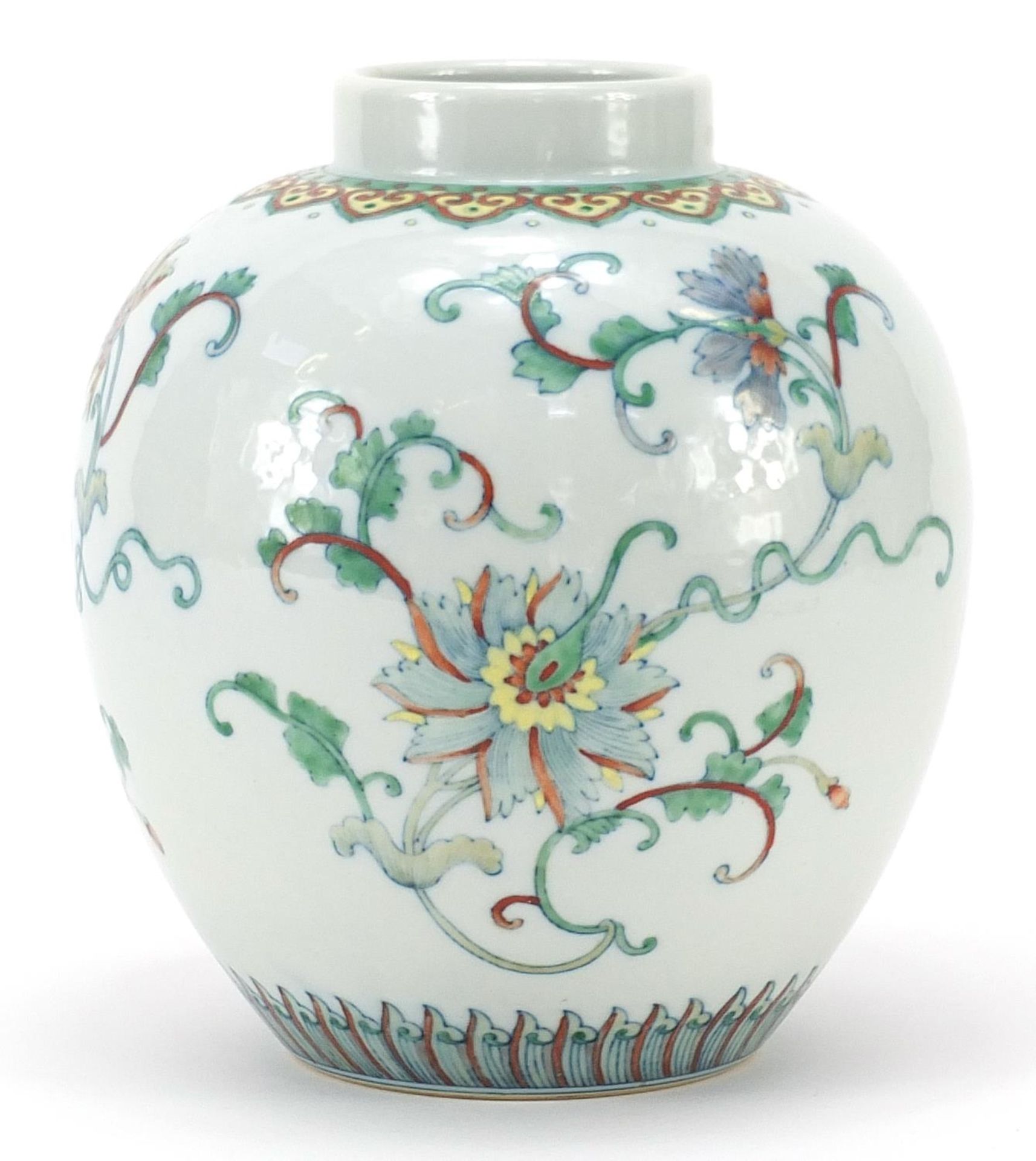 Chinese doucai porcelain jar hand painted with flowers, six figure character marks to the base, 19cm