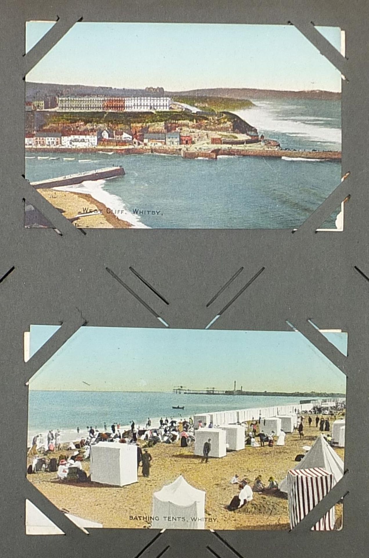 Topographical and Naval interest postcards arranged in an album, some photographic including ships