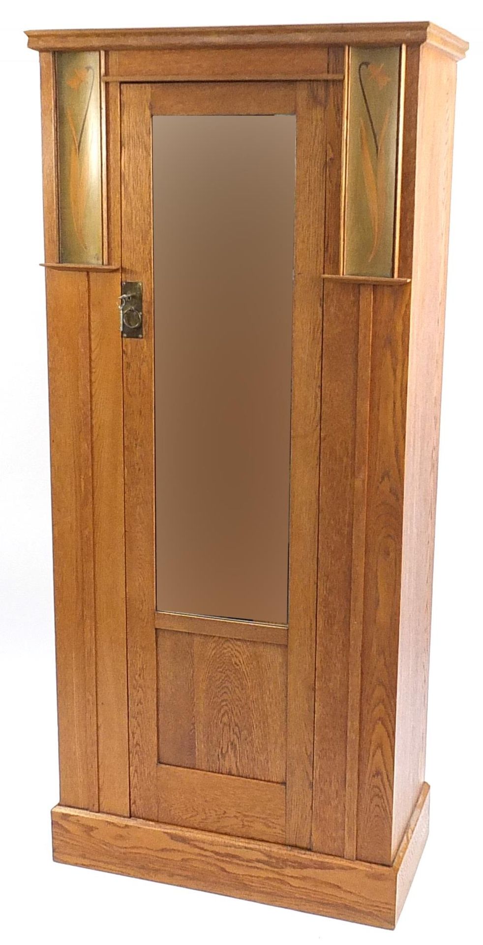 Manner of Baillie Scott, Liberty & Co Arts & Crafts oak wardrobe with mirrored door inlaid with daf - Image 2 of 5