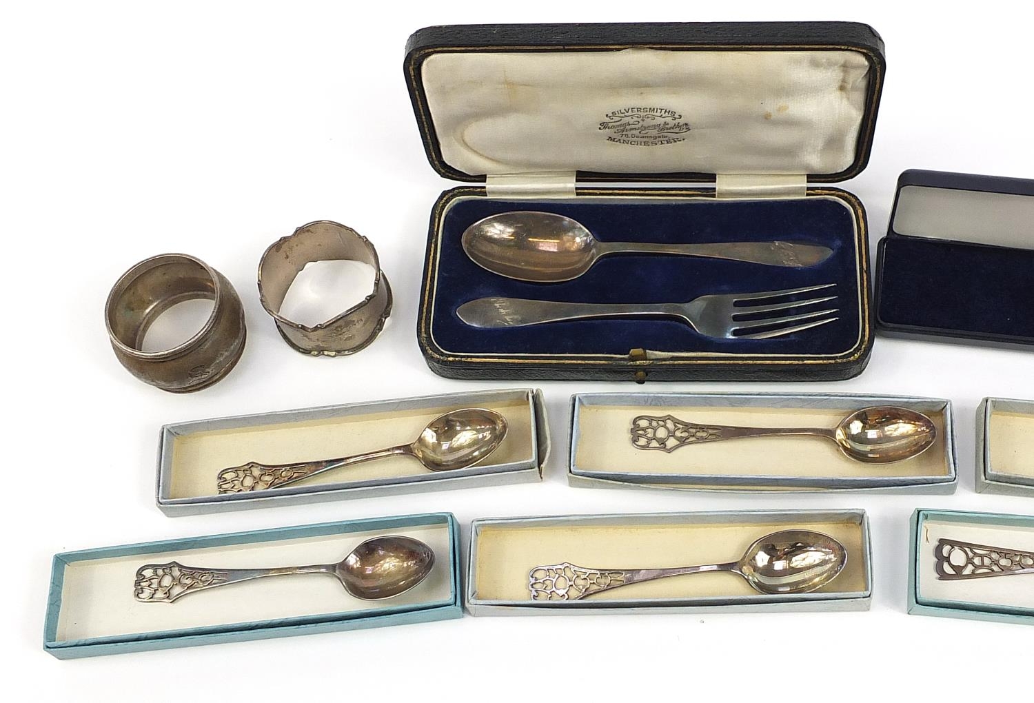 Victorian and later silver including two sets of five teaspoons, two napkin rings and christening - Image 2 of 4