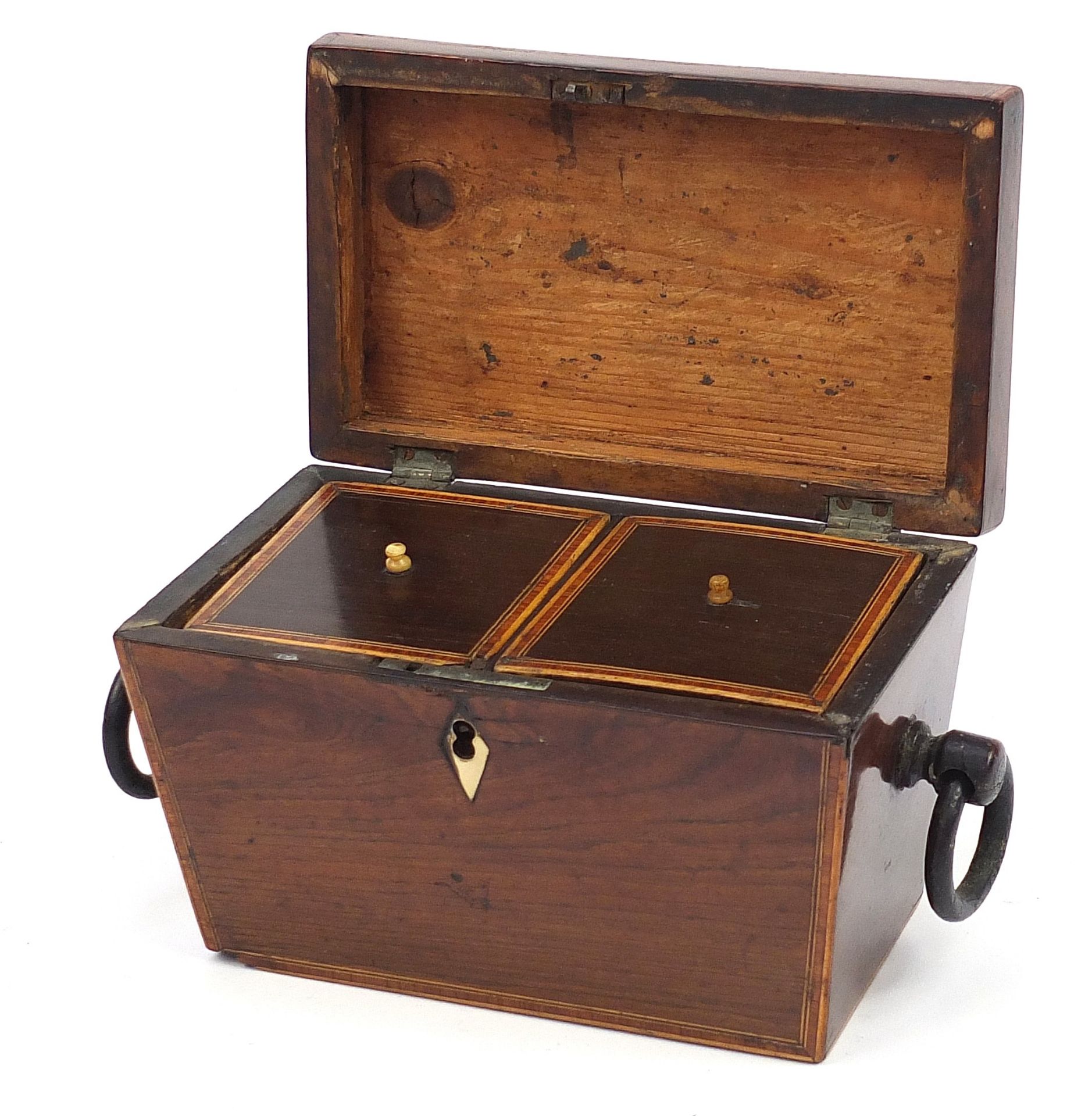 19th century inlaid rosewood tea caddy with brass ring turned handles and feet with twin - Image 2 of 4