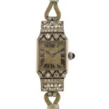 French Art Deco platinum and diamond ladies cocktail watch with sapphire crown, the case numbered