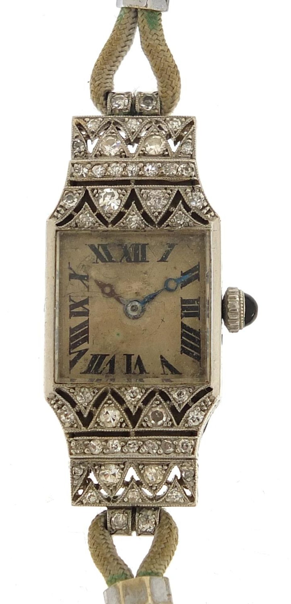 French Art Deco platinum and diamond ladies cocktail watch with sapphire crown, the case numbered